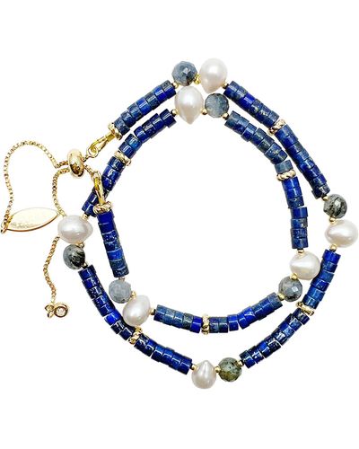 Farra Lapis With Teardrop Freshwater Pearls Double Layers Bracelet - Blue