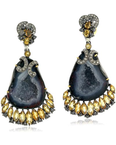 Artisan Oval Geode & Marquise Citrine Pave Diamond In 18k Gold Silver Earrings - Blue