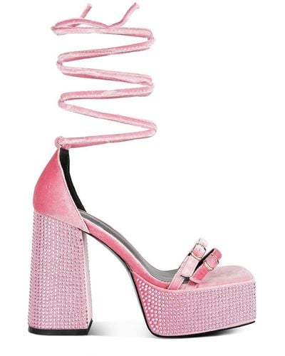 Rag & Co Firecrown Lilac High Platform Diamante Lace Up Sandals - Pink