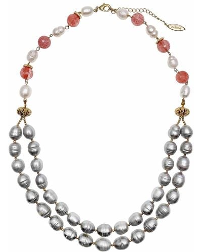 Farra Gray Freshwater Pearls With Watermelon Quartz Double Strands Necklace - Metallic