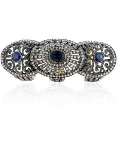 Artisan Natural Blue Sapphire & Pave Diamond In 18k Gold With Silver Knuckle Designer Ring - Multicolour