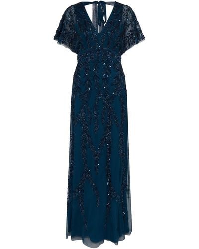 Raishma Serenity A Flattering V Neckline, Tie Up Back, Cap Sleeve & All Over Hand Embellishments Gown - Blue