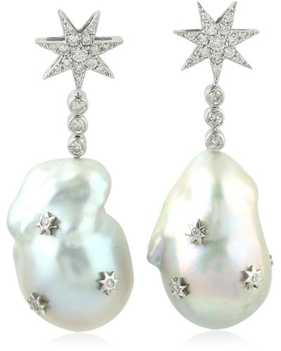 Artisan 18k Gold In Natural Pave Diamond & Pearl Chiness Star Design Dangle Earrings - Blue