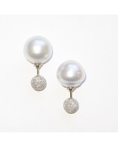 Artisan 18k Gold With Diamond & South Sea Pearl Tunnel Earrings - White