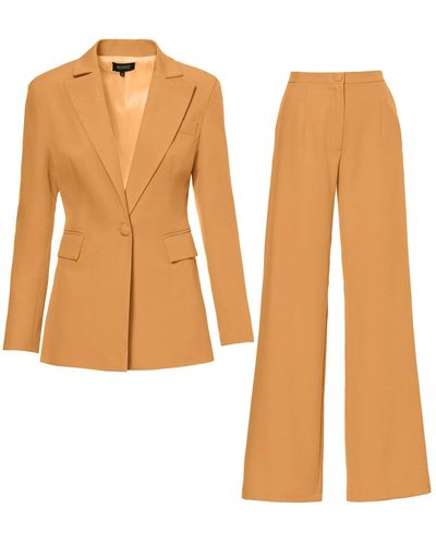 BLUZAT Camel Suit With Slim Fit Blazer And Flared Pants - Orange