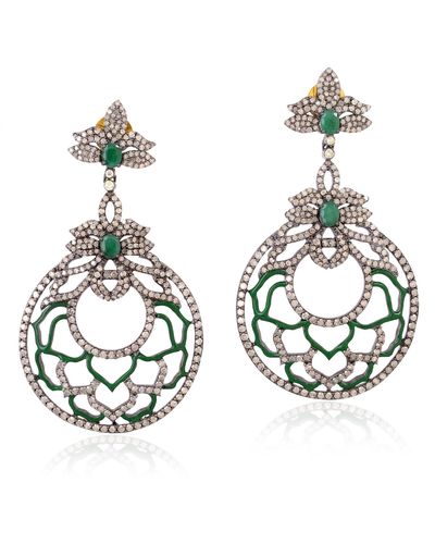Artisan Emerald Pave Diamond 18kt Gold 925 Sterling Silver Dangle Earrings Jewelry - Metallic