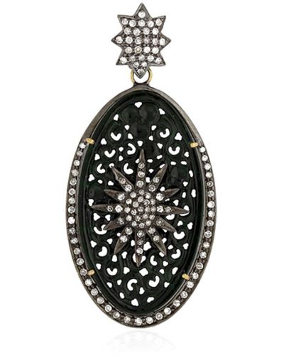 Artisan Jade Gemstone Pave Diamond 18k With 925 Silver Starburst Pendant - Black