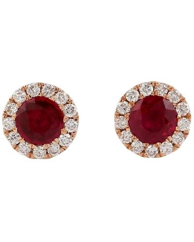 Artisan 18k Rose Gold Diamond Ruby Stud Earrings Handmade Jewelry - Red