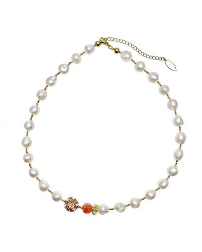 Farra Freshwater Pearls With Watermelon Quartz & Rhinestones Short Necklace - White