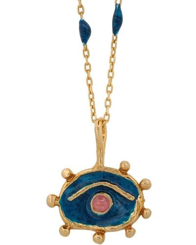 Ebru Jewelry Hittite Sun Blue Enamel Pink Tourmaline Eye Gold Necklace