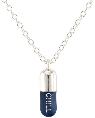 Kris Nations Chill Pill Enamel Necklace Sterling Silver & Navy Blue Enamel - White
