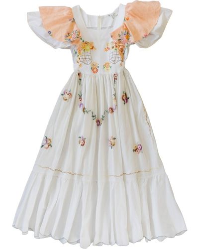 Sugar Cream Vintage Upcycled Vintage Floral Flower-pot Embroidered Maxi Dress - White