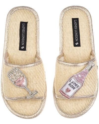 Laines London Neutrals Straw Braided Sandals With Laines Rose Wine Brooches - Natural
