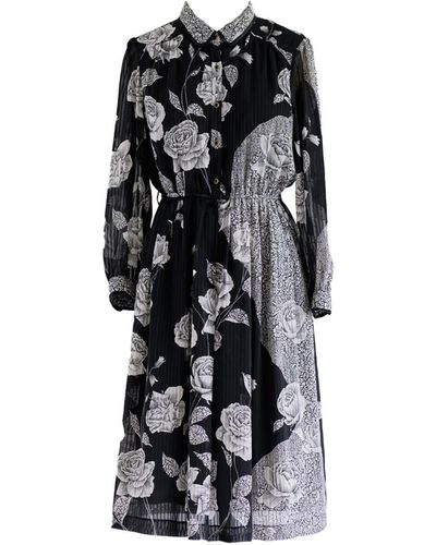 Sugar Cream Vintage Vintage Chiffon Chinese Collared Floral Cuff Sleeved Midi Dress - Black