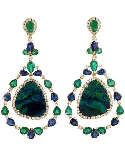 Artisan 18k Solid Gold In Pear Cut Sapphire & Emerald With Opal Doublet Pave Diamond Dangle Earrings - Green