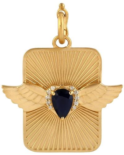 Artisan Yellow Gold Natural Diamond Blue Sapphire Angel Wings Pendant Handmade Jewelry - Metallic