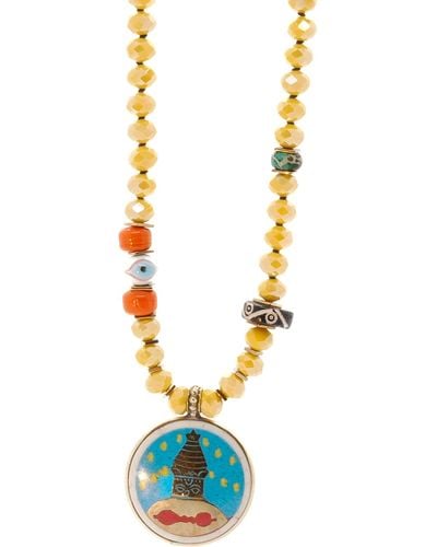 Ebru Jewelry Colorful Nepal Mantra Pendant Yellow Beaded Long Necklace - Metallic