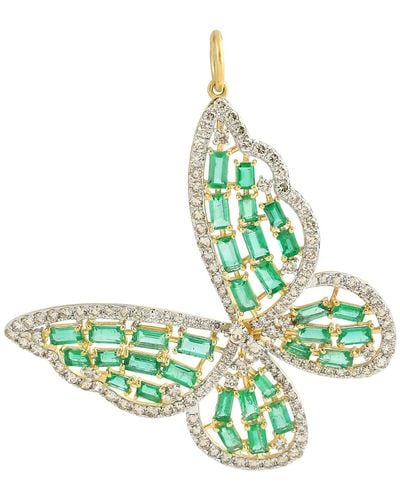 Artisan 14k Yellow Gold In Baguette Emerald & Pave Diamond Butterfly Designer Pendant - Green