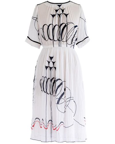 Sugar Cream Vintage Vintage White Chiffon Abstract Black Print Midi Dress