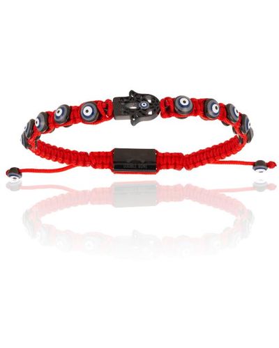 Double Bone Bracelets Black Pvd Hamsa Hand With Polyester Bracelet - Red