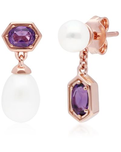 Gemondo Mismatched Amethyst & Pearl Drop Earrings In Rose Gold Plated Silver - Pink