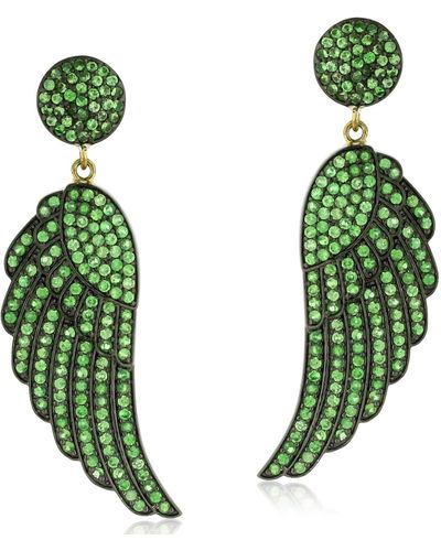 Artisan 14k Yellow Gold & Silver With Pave Tsavorite Gemstone Wing Design Dangle Earrings - Green
