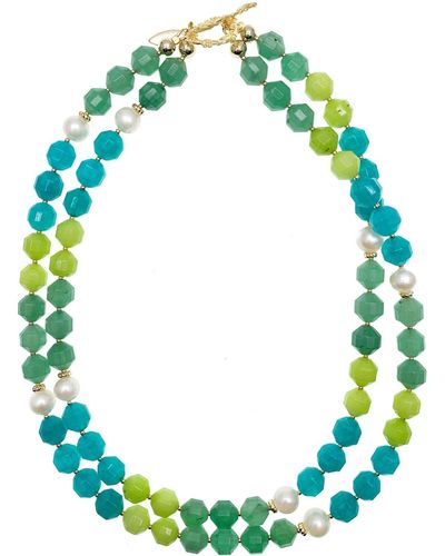 Farra Double Strands Green & Blue Mixed Colors With Pearls Necklace