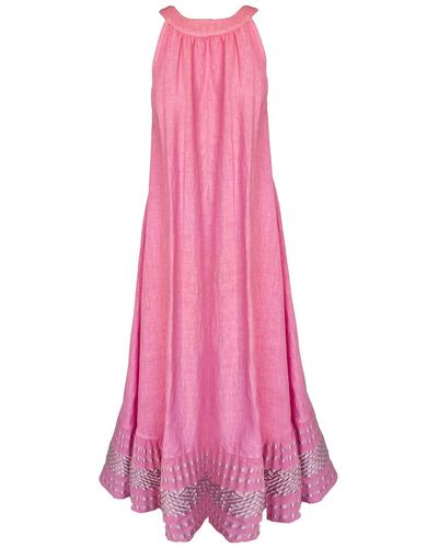 Haris Cotton Neutrals Halter Neck Maxi Linen Dress With Embroidered Cotton Panels - Pink