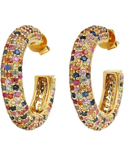 Artisan Natural Sapphire Hoop Earrings 18k Yellow Gold Jewelry - Metallic