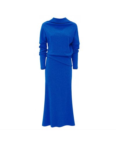 Julia Allert Rib Knit Suit Asymmetric Blouse & Basic Skirt - Blue