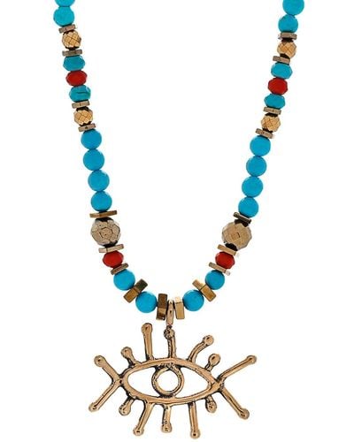 Ebru Jewelry Guardian Evil Eye Pendant Turquoise Stone Beaded Necklace - Metallic