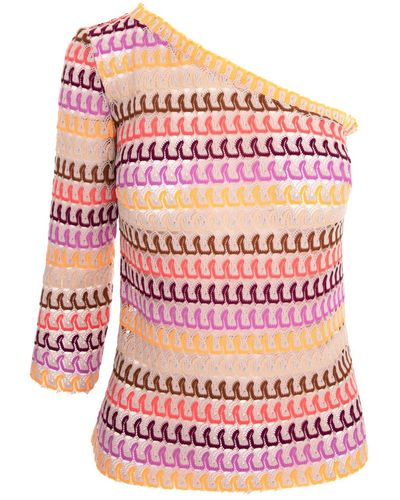 AVENUE No.29 One-shoulder Stripe Lace Blouse - Pink