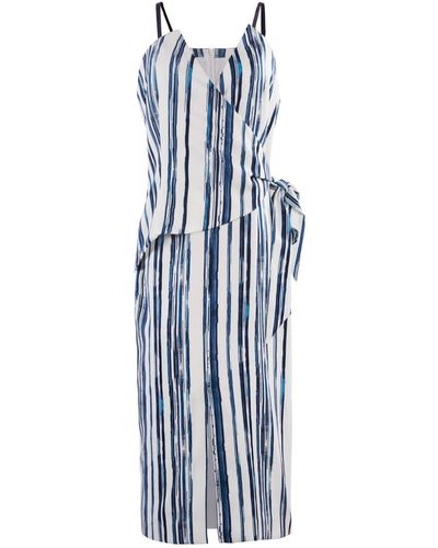 Smart and Joy Stripe Print Wrap Effect Dress - Blue