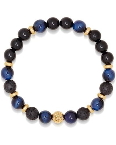 Nialaya S Wristband With Blue Tiger Eye, Black Agate, Lava Stone And Gold