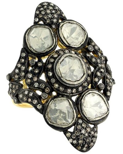 Artisan Uncut Diamond 18k Gold Long Ring 925 Sterling Silver Jewellery - Black
