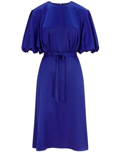 Femponiq Draped Puff Sleeve Satin Dress - Blue