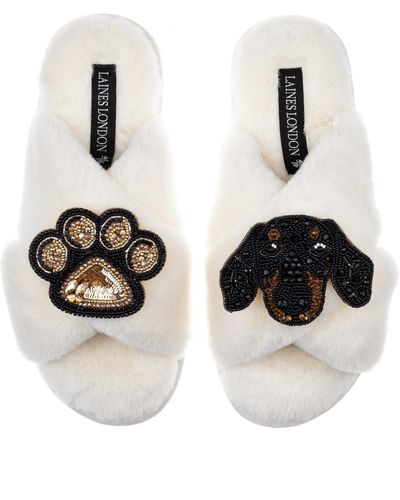 Laines London Classic Laines Slippers With Artisan Little Sausage & Paw Brooches - White