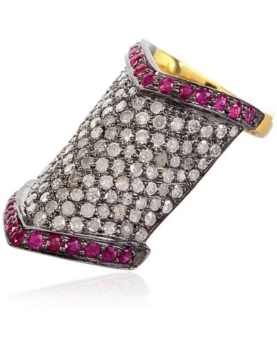 Artisan Ruby With Diamond Pave Art Deco Style Long Nail Ring In 18k Gold & Silver - Purple