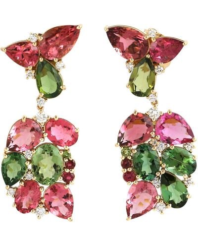 Artisan Colorful Tourmaline Gemstone Pave Diamond In 18k Solid Designer Dangle Earrings - Metallic