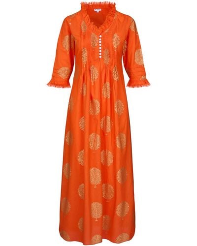 At Last Cotton Annabel Maxi Dress In Tangerine & Gold - Orange