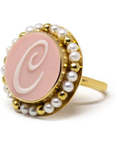 Vintouch Italy Gold Vermeil Pink Cameo Pearl Ring Initial C