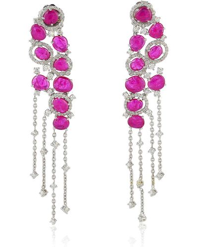 Artisan Chandelier Earrings 18k White Gold Natural Diamond Ruby Gemstone - Pink