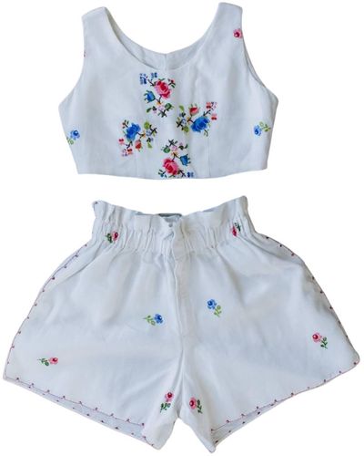 Sugar Cream Vintage Vintage Summer Crop Top & Shorts Set With Floral Embroidery - Blue