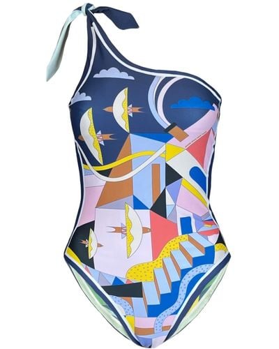 Jessie Zhao New York Dream Like Reversible One-shoulder One-piece Swimsuit - Blue