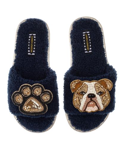 Laines London Teddy Towelling Slipper Sliders With Mr Beefy & Paw Brooch - Blue