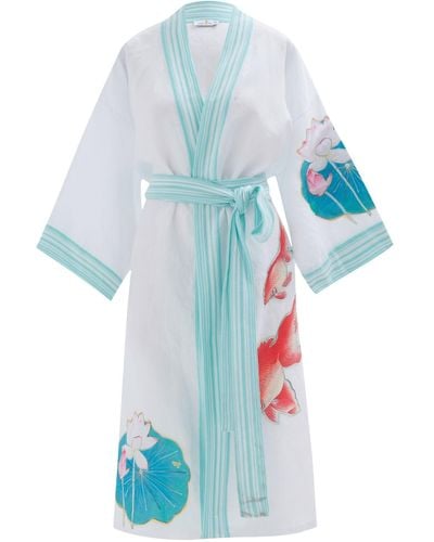 Peraluna Lotus Flower And Fish Applique Linen Kimono - Blue