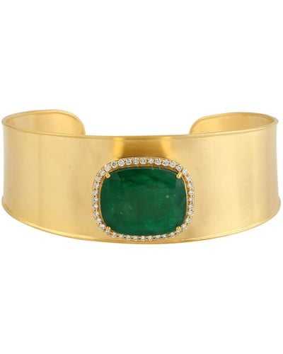 Artisan Solid Yellow Gold Cuff Bangle Natural Emerald Handmade Jewelry
