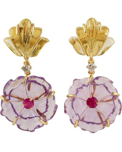 Artisan Carved Mix Stone In Flower Shape & Ruby Pave Diamond In 14k Solid Gold Classic Earrings - Metallic