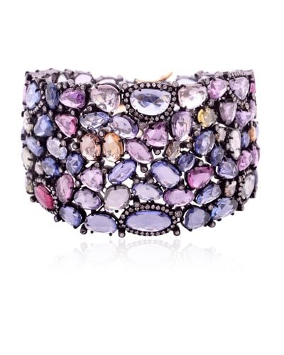 Artisan Embellished Multi Sapphire With Pave Diamond In 14k & 925 Silver Fixed And Flexible Bracelet - Purple