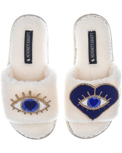 Laines London Teddy Towelling Slipper Sliders With Double Blue & Gold Eyes Brooches